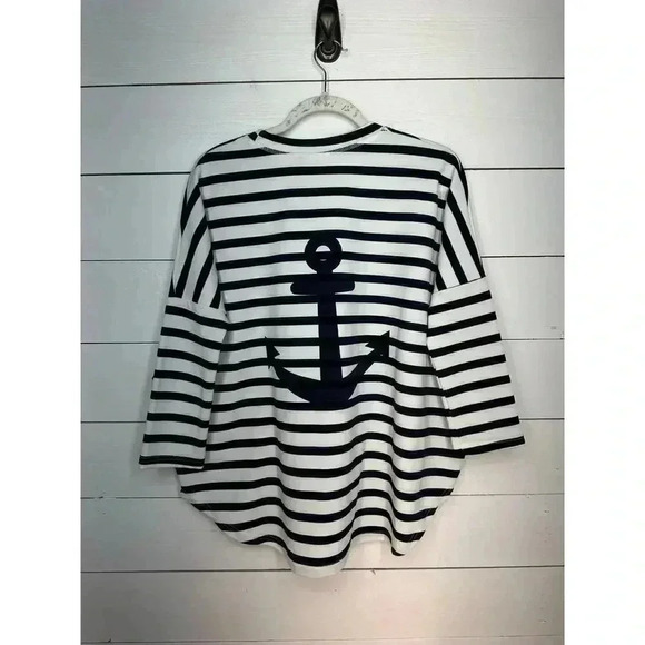 Toss Designs Small Nautical Blue & White Striped 3/4 Sleeve High-Low Sweater - Picture 4 of 10